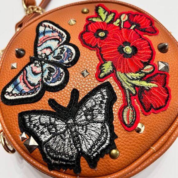 Olivia Miller Embroidered Patches Crossbody Bag Round Brown Floral Butterfly - Picture 10 of 12